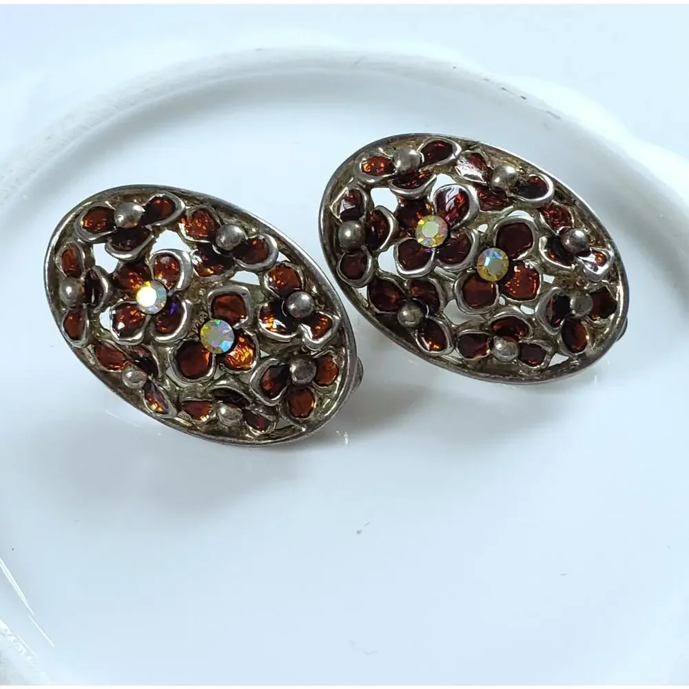 Vintage Earrings Silvertone Floral Enamel Rhinestone Classic Midcentury Clip Ons